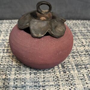 Handmade Persimmon Ceramic Sculpture Lidded Jar Planter Mauve Leaf Lid